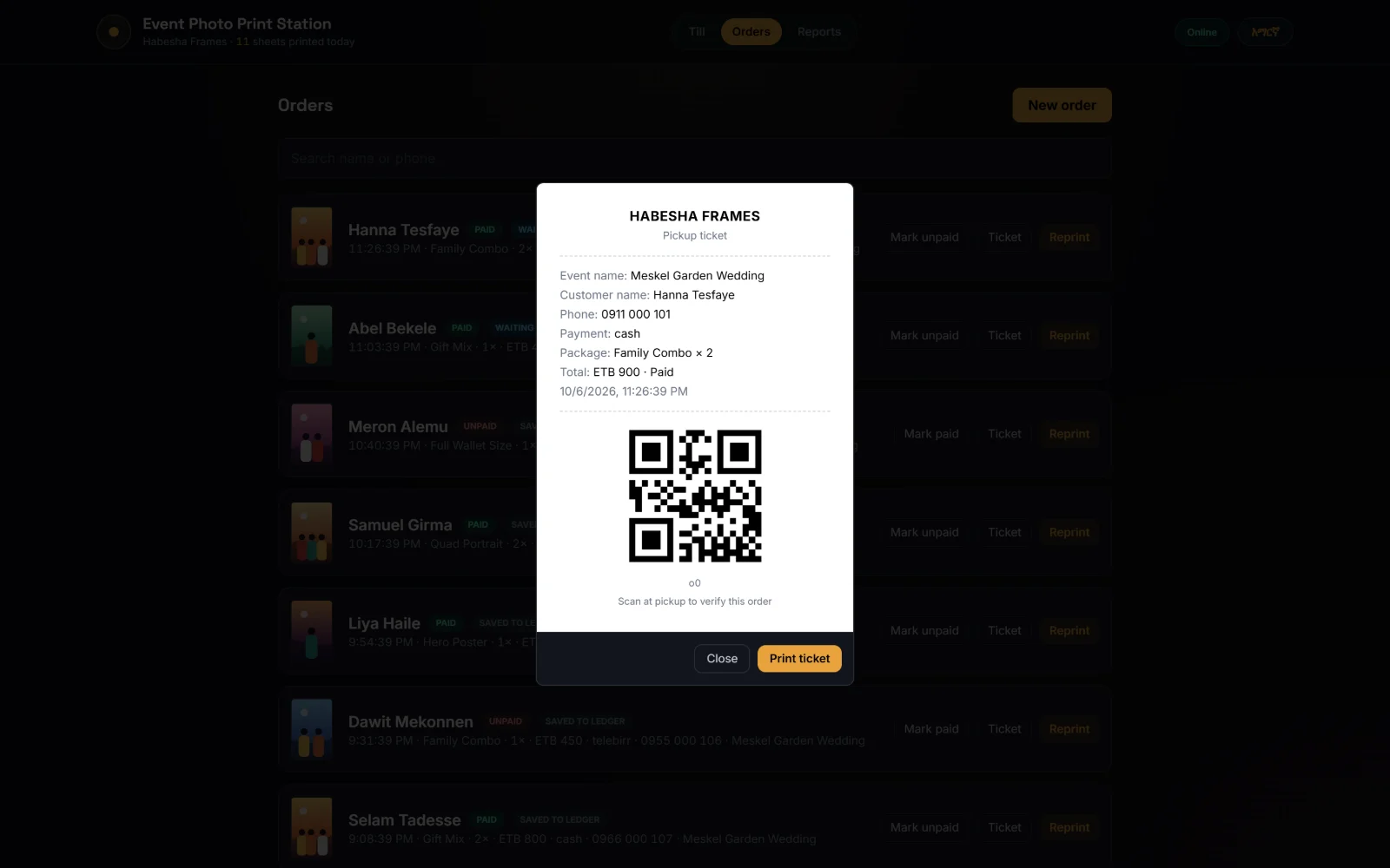 Pickup ticket